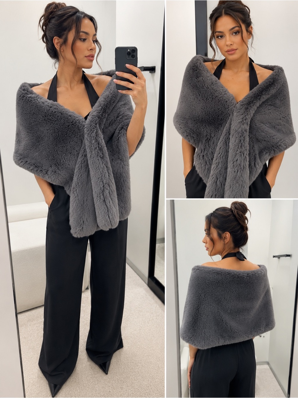 Theory Cozy Plush Faux Fur Shawl Stole in Charcoal Gray